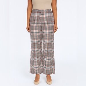MONOPRIX 100% Cotton Wide Leg Cropped Plaid Trousers Side Zip Flat Front Sz 12